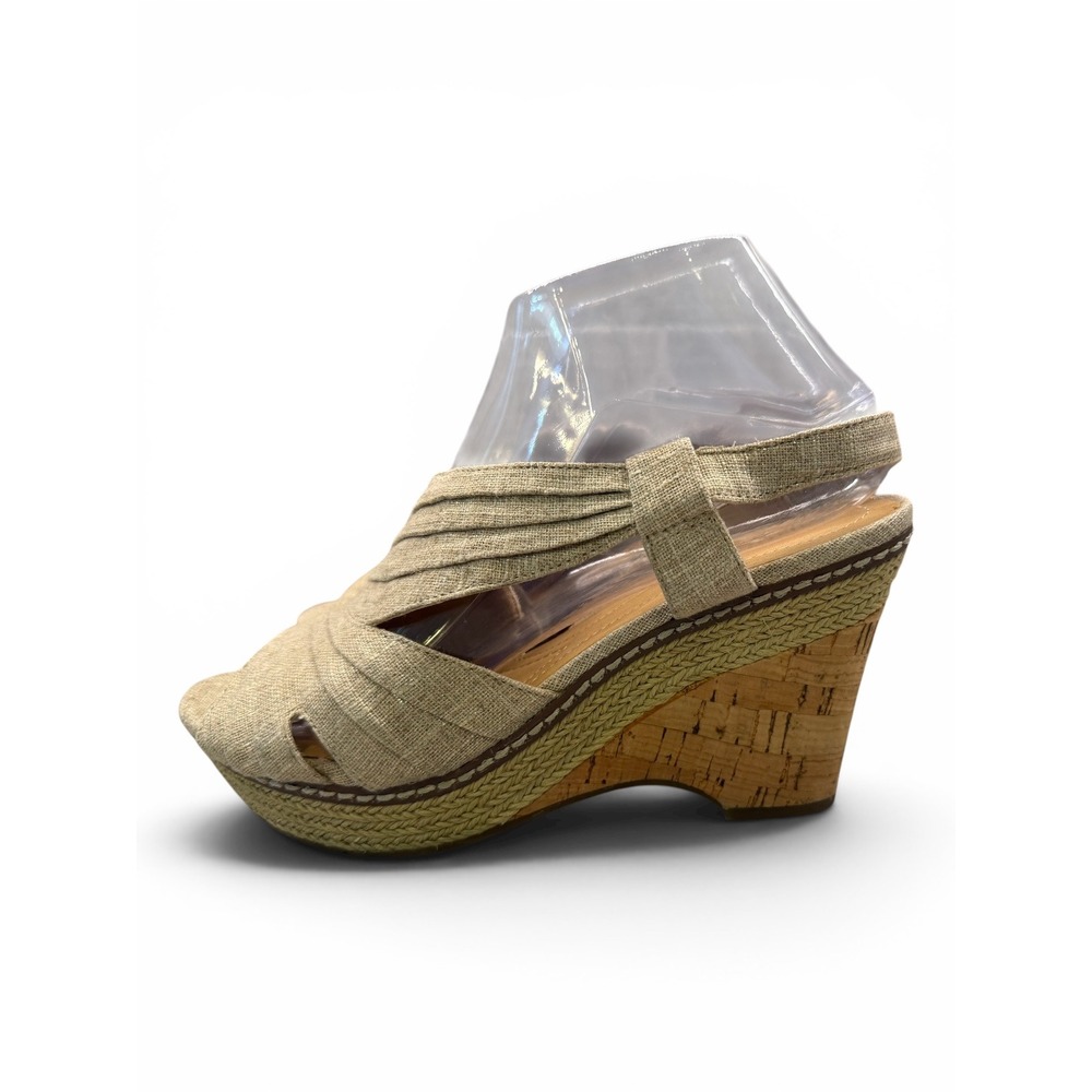 Naturalizer Womens Tan Linen Shimmer Cork Espadrille Wedge Sandals Peep Toe 4in